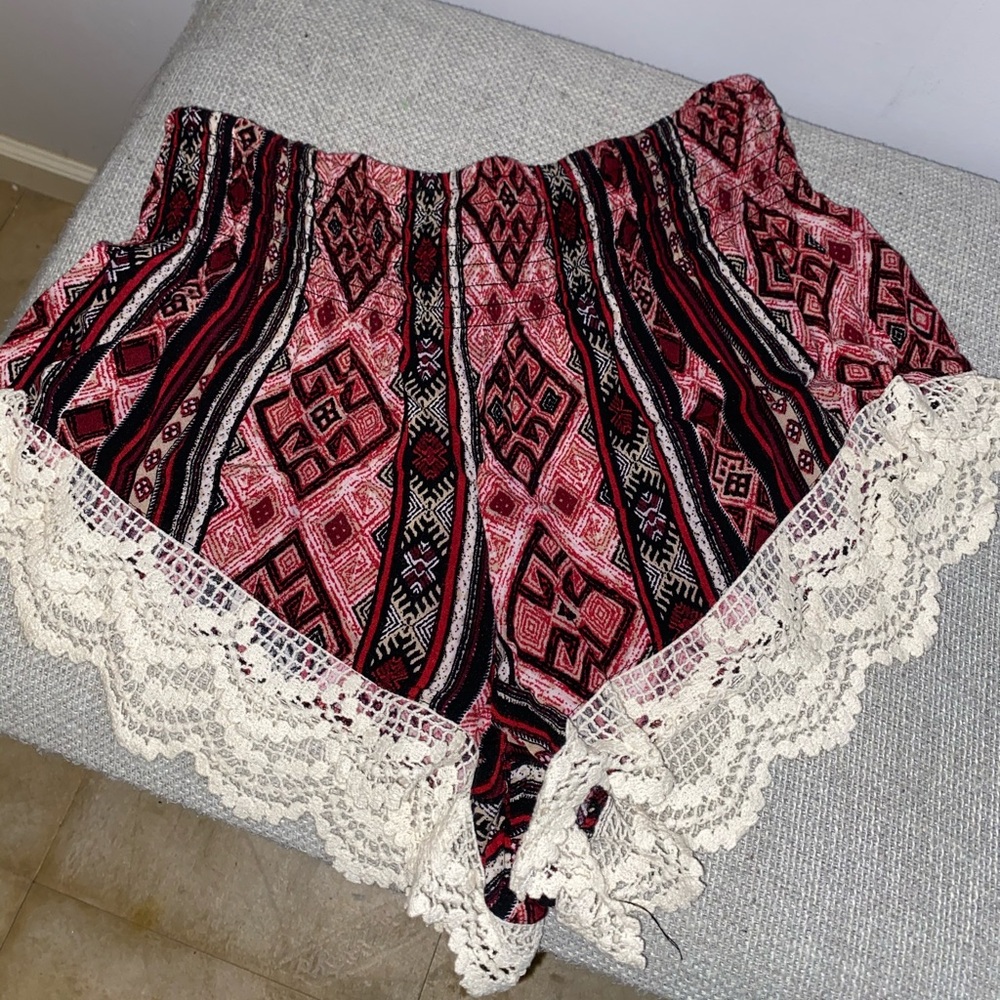 Aztec print fringe shorts.
